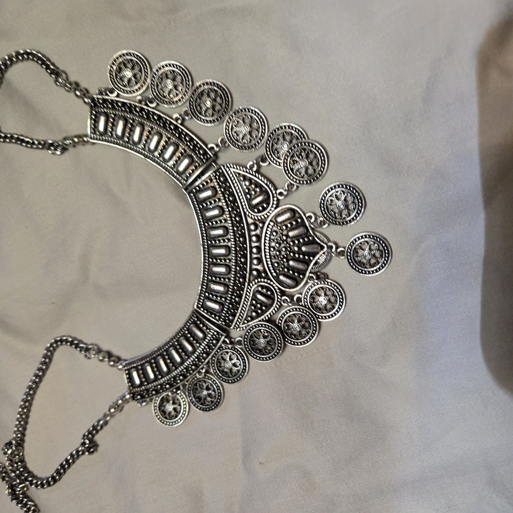 Silver Tribal Necklace with Semicircular Pendant